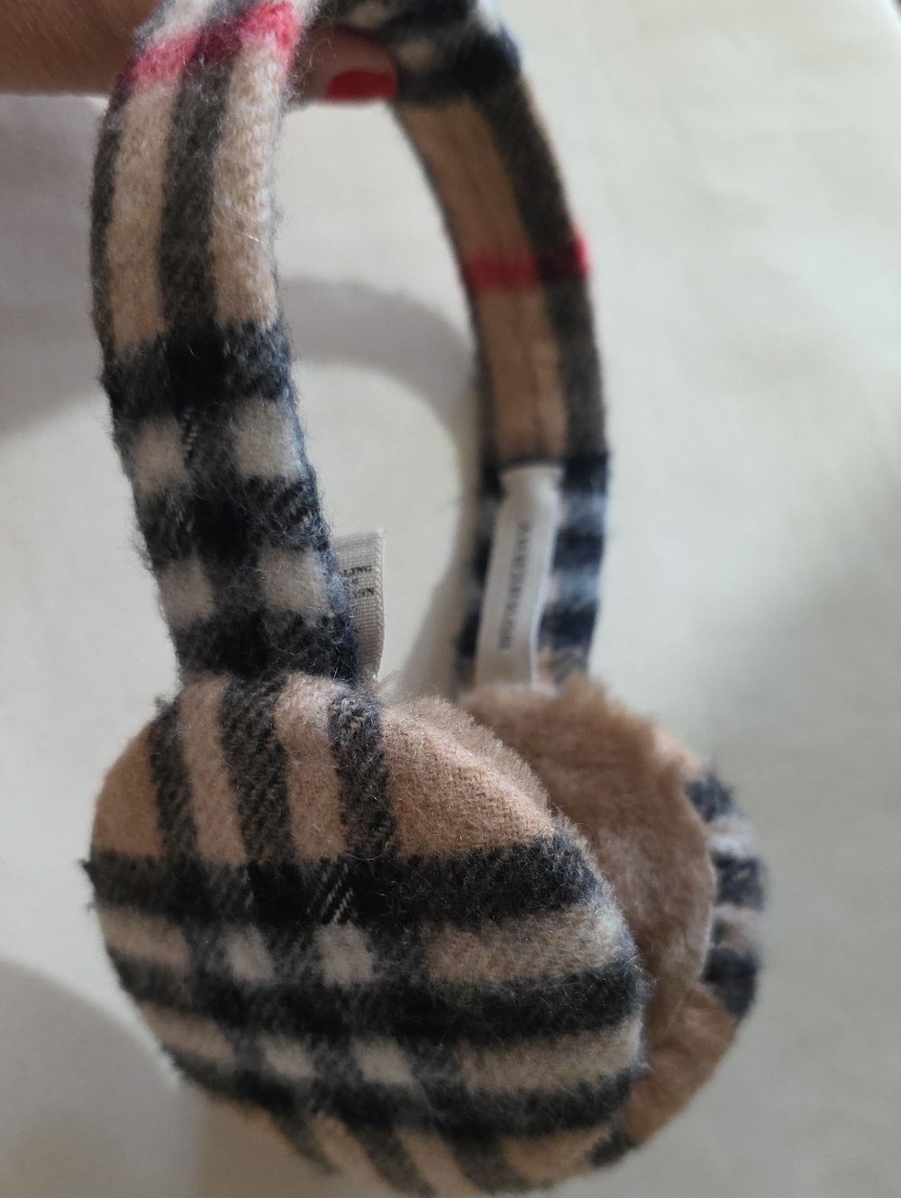 Burberry Plaid Cashmere Earmuffs, Black and Red Accent